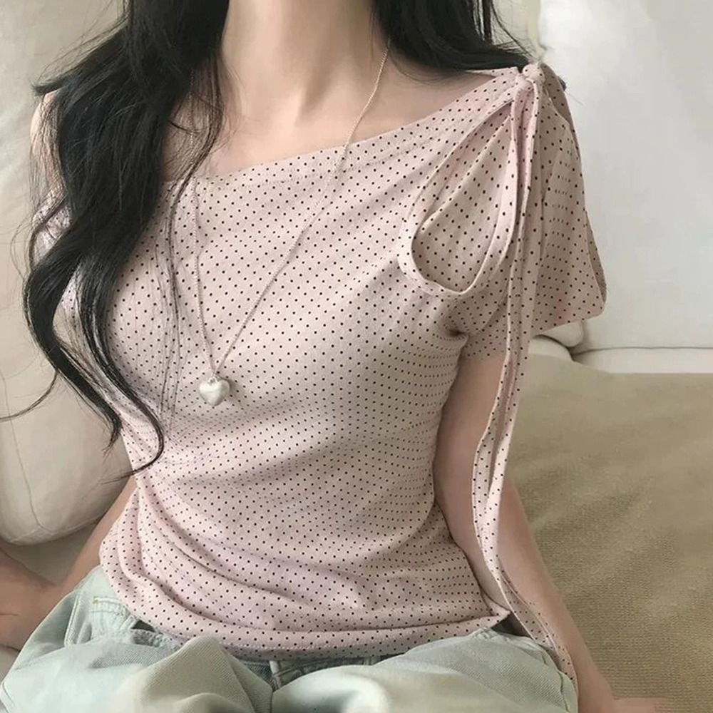 ZARA Korean Versatile Polka Dot Off Shoulder Tie Waist Summer Slimming Tee